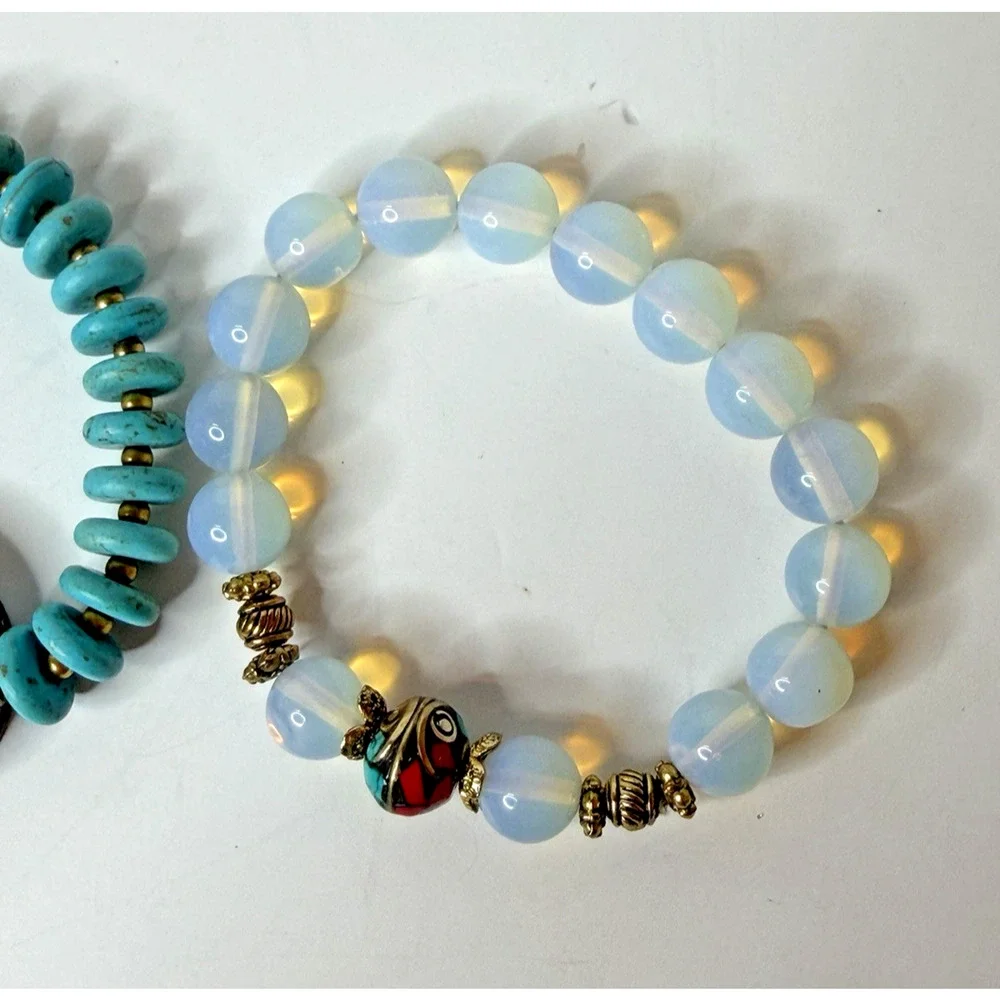 Nepalese Tibetan-Style Buddhist Om Pendant Turquoise Opalite Beaded Bracelet Set